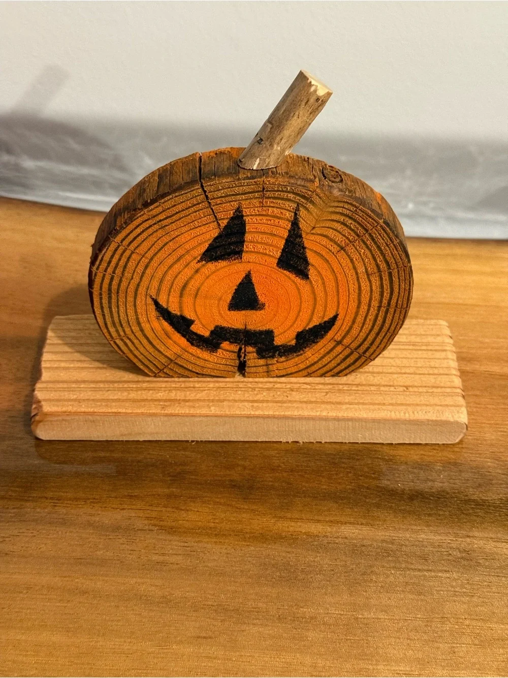 Orange and Black Hand-Painted Wood Pumpkin
